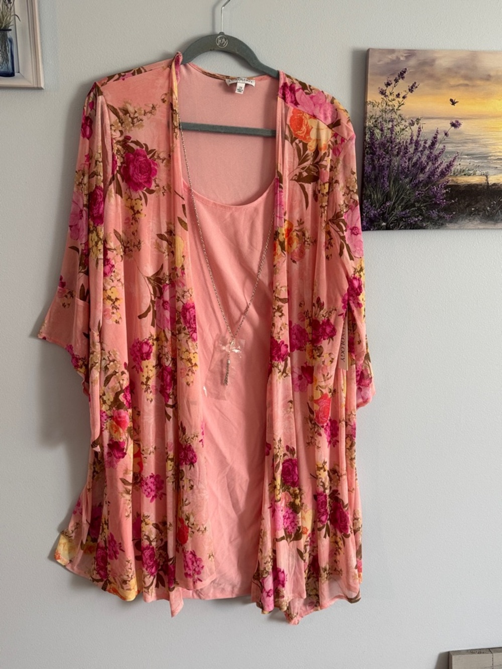2X Pink Floral Open-Front Kimono Dress
